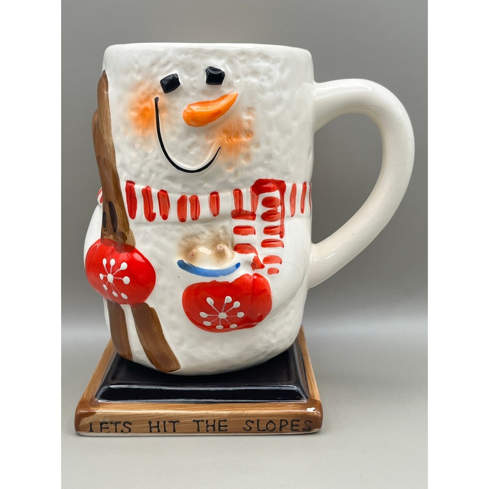 Vtg 3D Snowman Skiing Ceramic Mug Lets Hit The Slopes Winter Holiday Decor 16 oz